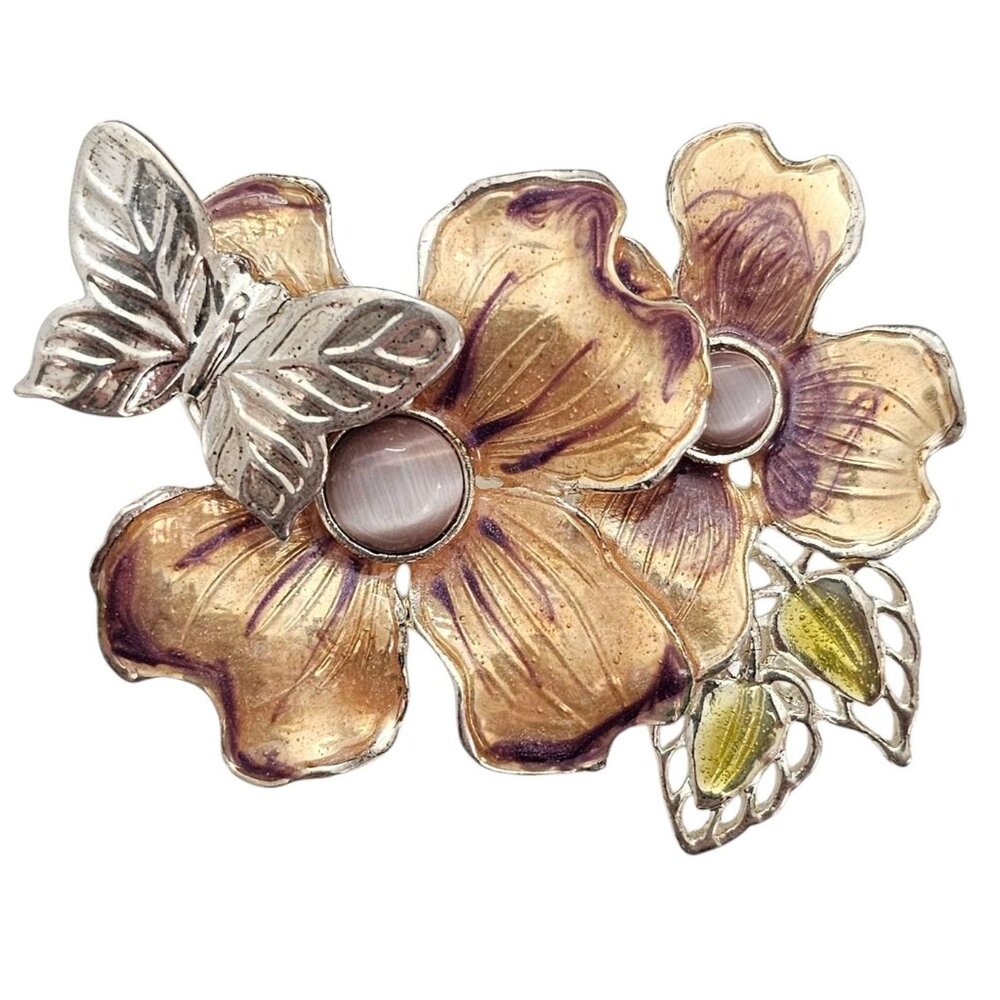 Kenneth Cole Purple Glass Cab Flower & Butterfly Brooch Signed, J11